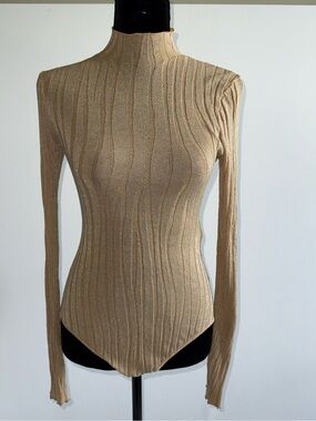 Zara Gold Metallic Ribbed Mock Neck Bodysuit Long Sleeve Women's Large